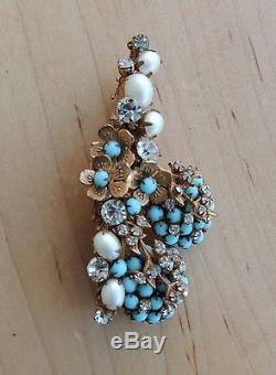 Demario Ny Brooch Pin Rhinestones Faux Pearls Faux Turquoise Rare Vintage