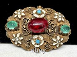 Denicola Brooch Signed Rare Vintage Gilt Enamel Red Gripoix Glass 2 Pin A9