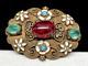 Denicola Brooch Signed Rare Vintage Gilt Enamel Red Gripoix Glass 2 Pin A9