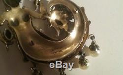 Derosa Rare Huge Vintage Sterling Enamel Rhinestone Royal Mermaid Pin Brooch