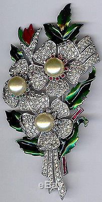 Dujay Gorgeous Large Dazzling Vintage Enamel & Rhinestone Flowers Pin Brooch