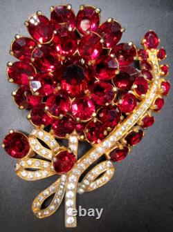 EISENBERG ORIGINAL Huge Red Rhinestone Flower Vintage Fur Clip