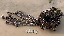 EXQUISITE Vintage Black Glass Purple & Green Rhinestone Floral Design Brooch