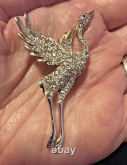 Early Vintage Dujay Pave Rhinestone Flying Crane Brooch Pin, Excellent