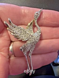 Early Vintage Dujay Pave Rhinestone Flying Crane Brooch Pin, Excellent