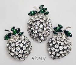 Early Vintage Unsigned Schreiner Rhinestone Fruit Brooch & Clip-on Earrings Set
