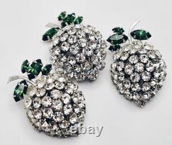 Early Vintage Unsigned Schreiner Rhinestone Fruit Brooch & Clip-on Earrings Set