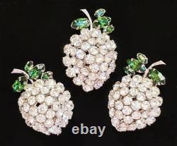 Early Vintage Unsigned Schreiner Rhinestone Fruit Brooch & Clip-on Earrings Set
