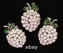 Early Vintage Unsigned Schreiner Rhinestone Fruit Brooch & Clip-on Earrings Set