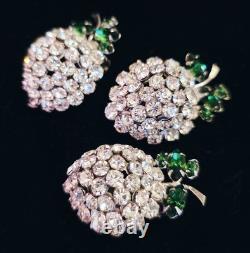 Early Vintage Unsigned Schreiner Rhinestone Fruit Brooch & Clip-on Earrings Set