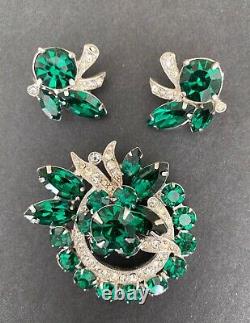 Earrings Brooch Eisenberg Set Rhinestones Emerald Green Vintage Signed