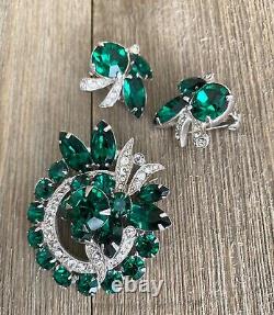 Earrings Brooch Eisenberg Set Rhinestones Emerald Green Vintage Signed