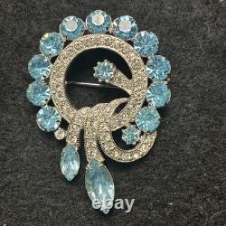 Eisenberg Ice Signed Aqua Blue Rhinestones Swirl brooch Vintage Mid Century