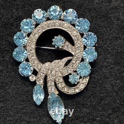Eisenberg Ice Signed Aqua Blue Rhinestones Swirl brooch Vintage Mid Century