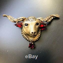 Eisenberg RARE Vintage Aries Ram Jeweled Longhorn Cow Fur Clip Brooch Pin LARGE