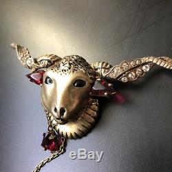 Eisenberg RARE Vintage Aries Ram Jeweled Longhorn Cow Fur Clip Brooch Pin LARGE