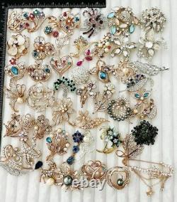 Elegant Floral Brooch Lot 50 Rhinestone Crystal Pearl Gold Tone Vintage Style