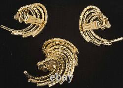 Elegant Vintage Gold Tone Swirl Brooch Pin & Earrings With Round Rhinestones