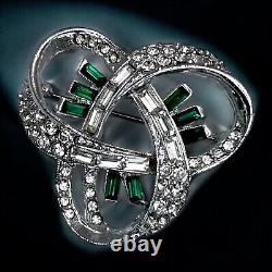 Emerald Green Clear Rhinestone Brooch Vintage Art Deco 1930s Glamour