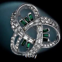 Emerald Green Clear Rhinestone Brooch Vintage Art Deco 1930s Glamour