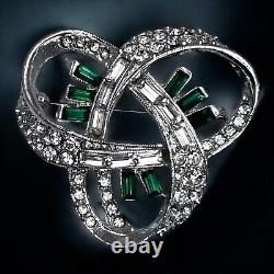 Emerald Green Clear Rhinestone Brooch Vintage Art Deco 1930s Glamour