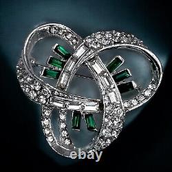 Emerald Green Clear Rhinestone Brooch Vintage Art Deco 1930s Glamour