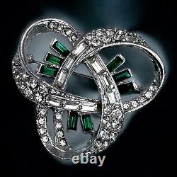 Emerald Green Clear Rhinestone Brooch Vintage Art Deco 1930s Glamour