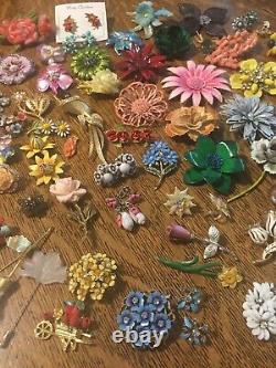 Estate Lbs Flower Enamel Brooches Earrings Sets Lot Vintage Mod Signed Unsigned