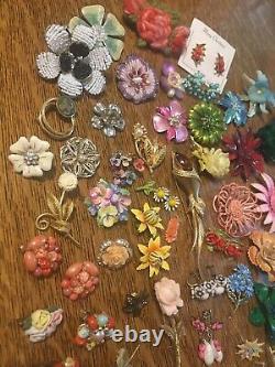 Estate Lbs Flower Enamel Brooches Earrings Sets Lot Vintage Mod Signed Unsigned
