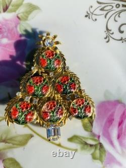 Exceptional Christmas Tree Brooch, Vintage Reverse Painted Floral Brooch, Rare