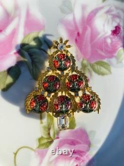 Exceptional Christmas Tree Brooch, Vintage Reverse Painted Floral Brooch, Rare