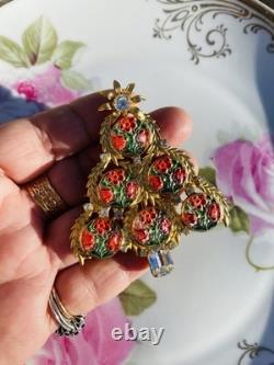 Exceptional Christmas Tree Brooch, Vintage Reverse Painted Floral Brooch, Rare