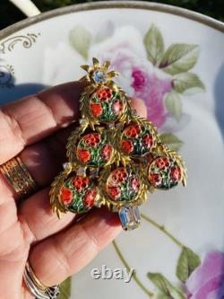Exceptional Christmas Tree Brooch, Vintage Reverse Painted Floral Brooch, Rare