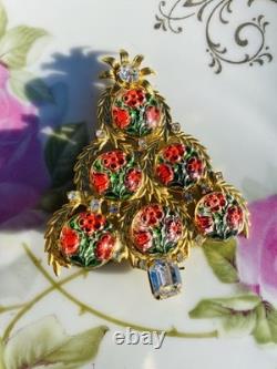 Exceptional Christmas Tree Brooch, Vintage Reverse Painted Floral Brooch, Rare