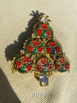 Exceptional Christmas Tree Brooch, Vintage Reverse Painted Floral Brooch, Rare