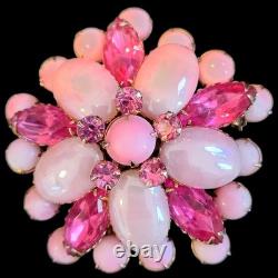 Exquisite 1940s Pink Givre Glass Cabachons & Marquise Rhinestones Floral Brooch