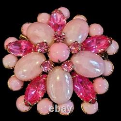 Exquisite 1940s Pink Givre Glass Cabachons & Marquise Rhinestones Floral Brooch