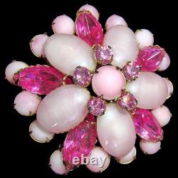 Exquisite 1940s Pink Givre Glass Cabachons & Marquise Rhinestones Floral Brooch