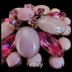 Exquisite 1940s Pink Givre Glass Cabachons & Marquise Rhinestones Floral Brooch