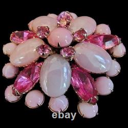 Exquisite 1940s Pink Givre Glass Cabachons & Marquise Rhinestones Floral Brooch