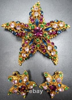 FLORENZA Colorful Rhinestone Star Vintage Brooch Earring Set