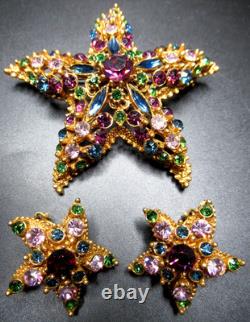 FLORENZA Colorful Rhinestone Star Vintage Brooch Earring Set