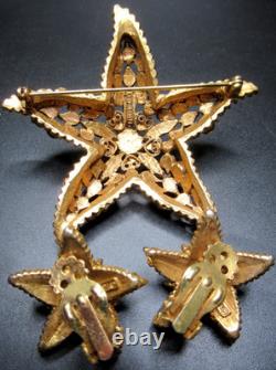 FLORENZA Colorful Rhinestone Star Vintage Brooch Earring Set