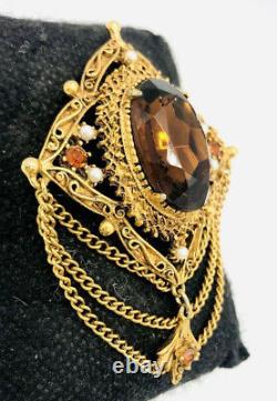 FLORENZA Faceted Topaz Glass & Faux Pearl Swag Brooch Signed Vintage Jewelry