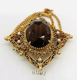 FLORENZA Faceted Topaz Glass & Faux Pearl Swag Brooch Signed Vintage Jewelry