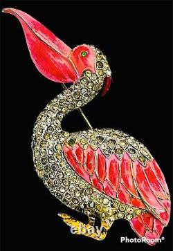 FRED GRAY Early Pink Enamel & Rhinestone Vintage Pelican Brooch Pin RARE