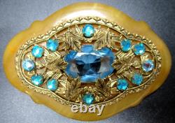 FRENCH GALALITH Blue Rhinestone Brooch With Trombone Clasp