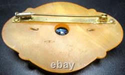 FRENCH GALALITH Blue Rhinestone Brooch With Trombone Clasp