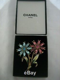 Fabulous Estate Vintage Signed Chanel Enamel Rhinestone Large Flower Brooch