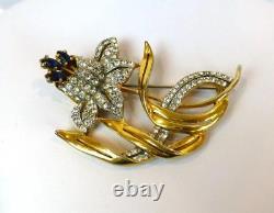 Fabulous Large Vintage REINAD Flower Brooch with Clear & Sapphire Rhinestones